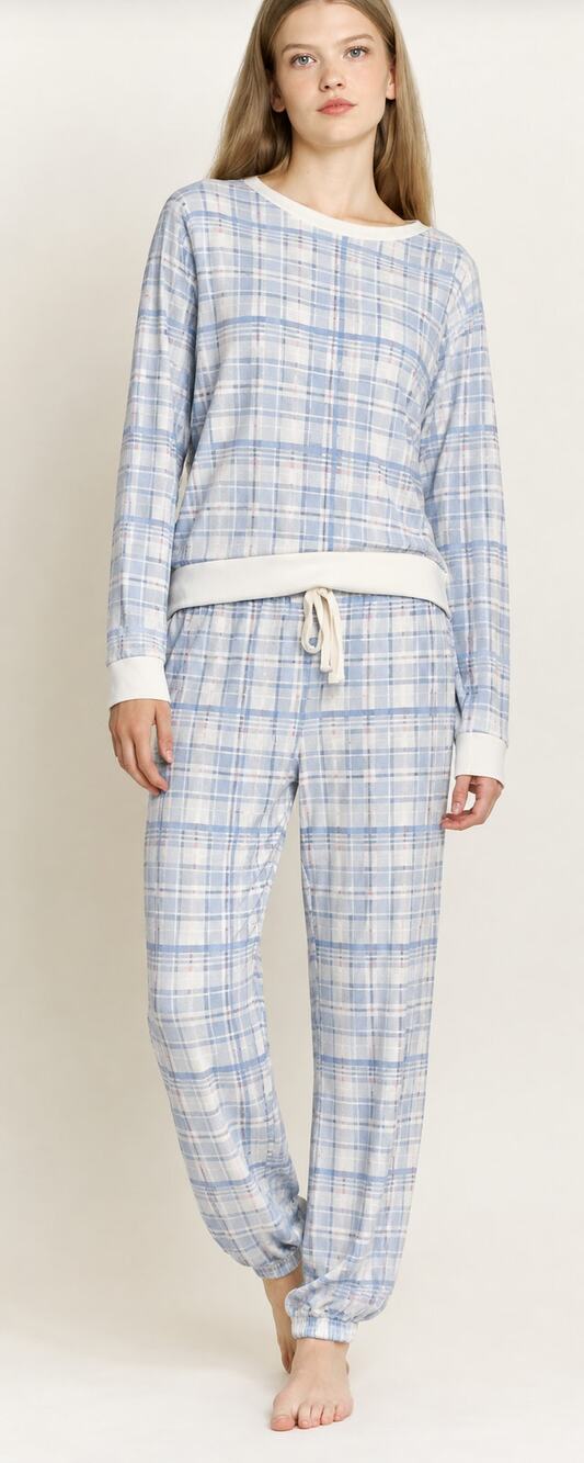 Honeydew Women's S Blue & White Plaid Star Seeker Long Pajama Set T3-11